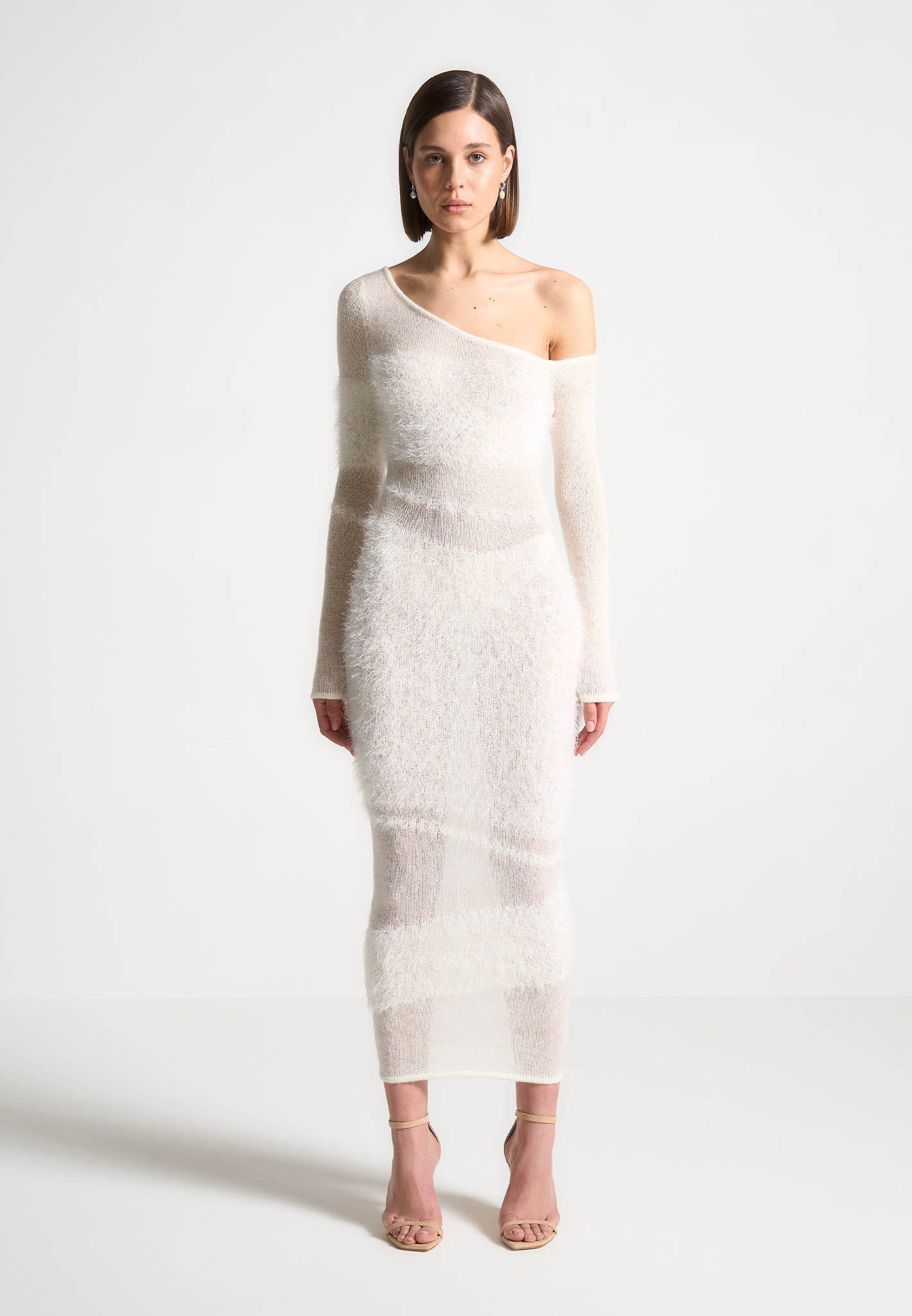 off-white knitted maxi dress reviews The Mode Sheer Knit Off The Shoulder Maxi Dress in White
