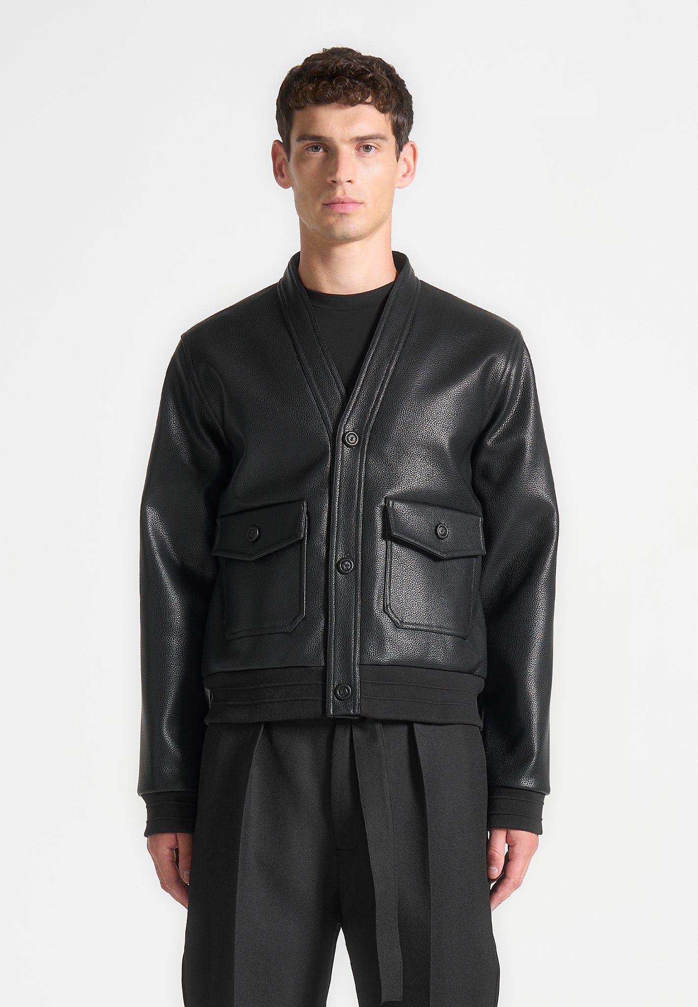 Pebbled Leather Cardigan - Black | Manière De Voir