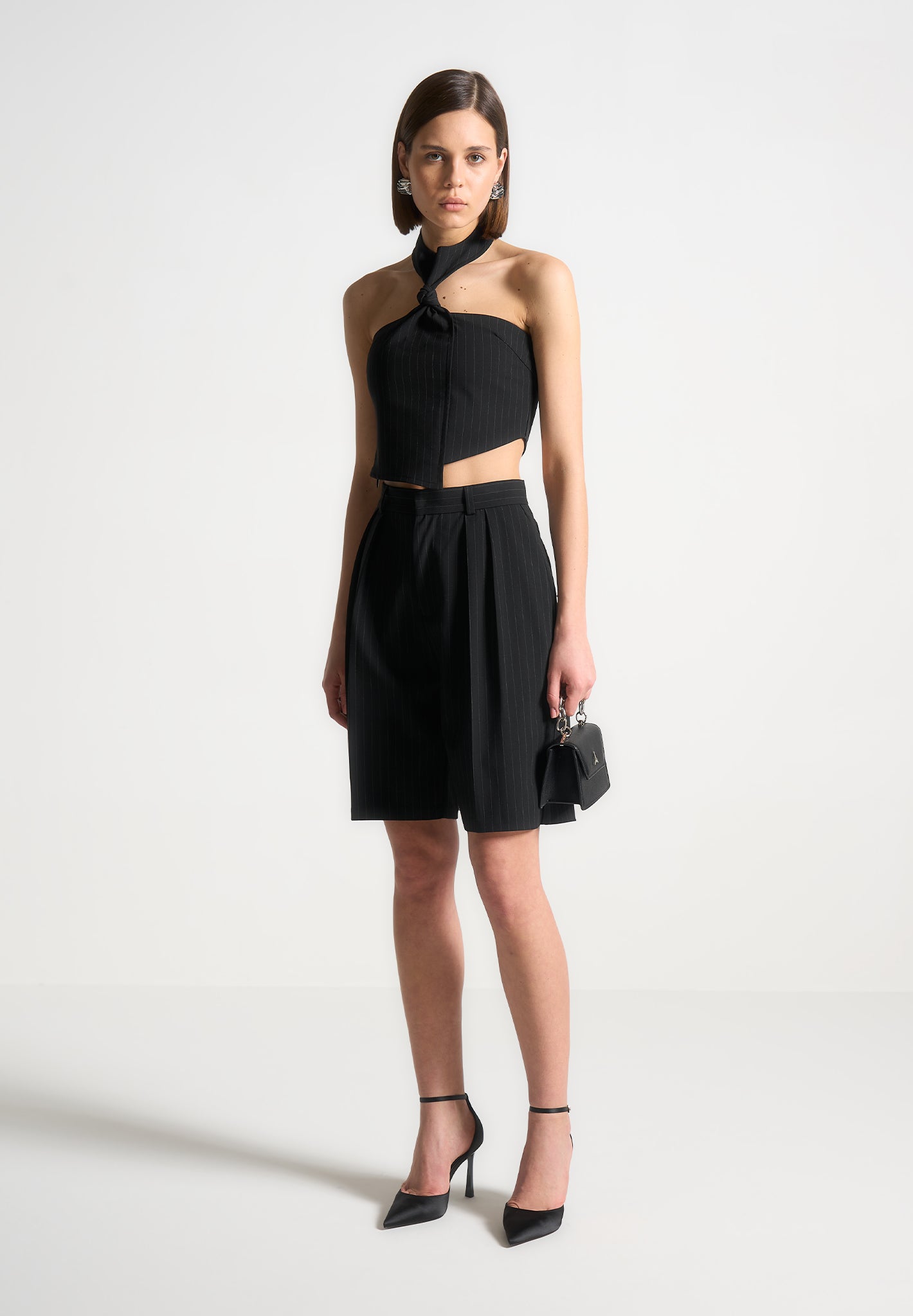 pinstripe-tie-knot-halter-top-black