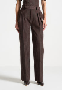Julie - Pinstripe Twin Pleat Tailored Trousers - Brown