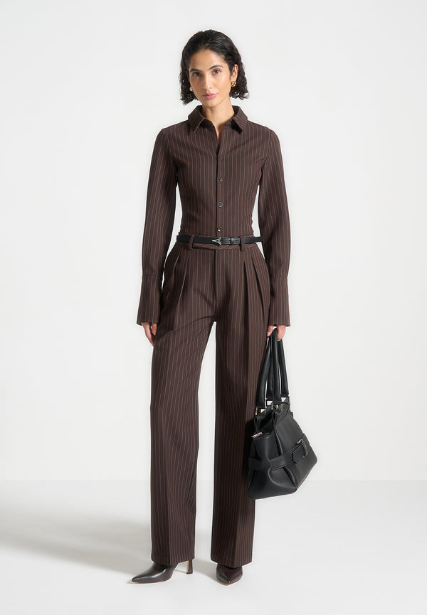 Julie - Pinstripe Twin Pleat Tailored Trousers - Brown