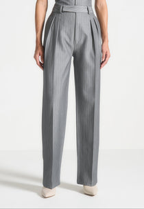 Julie - Pinstripe Twin Pleat Tailored Trousers - Grey