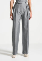 Julie - Pinstripe Twin Pleat Tailored Trousers - Grey