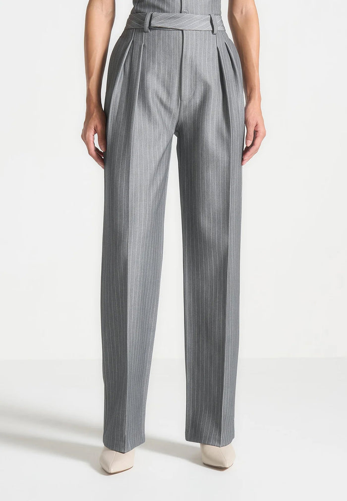 Julie - Pinstripe Twin Pleat Tailored Trousers - Grey