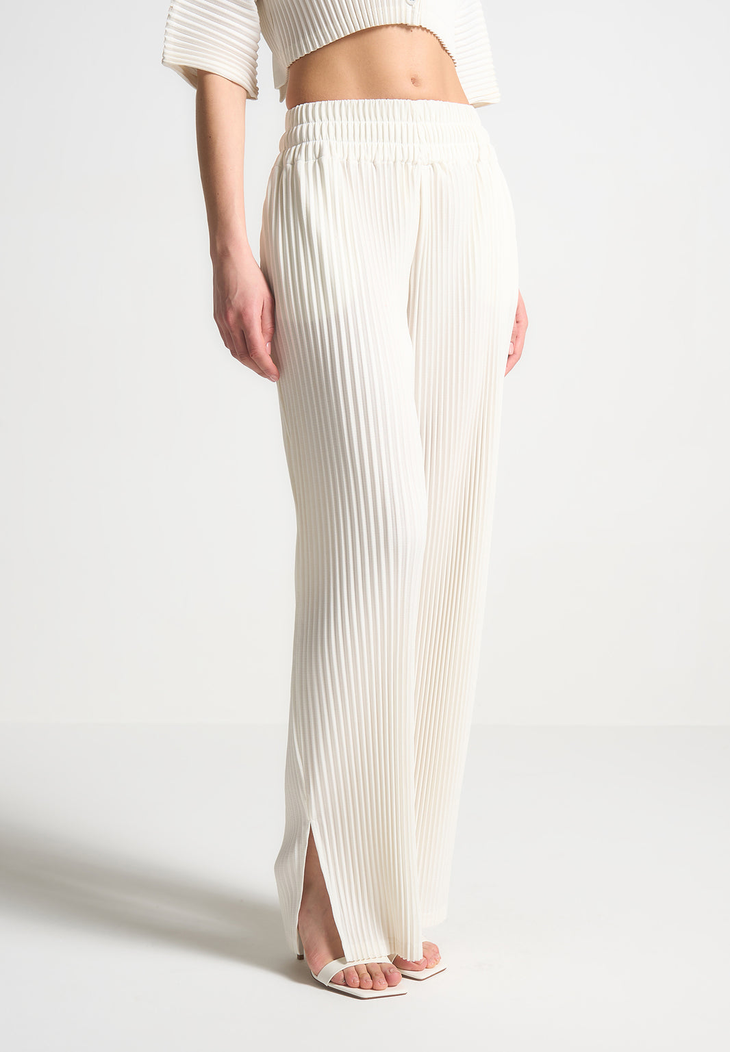 Beige Solid Pleated Trousers