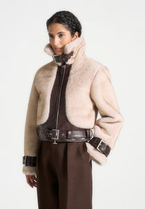 Deya - Plush & Leather Leather Belted Jacket - Beige/Brown