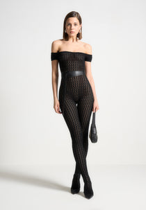 Martine - Pointelle Knit Bardot Jumpsuit with Belt - Black