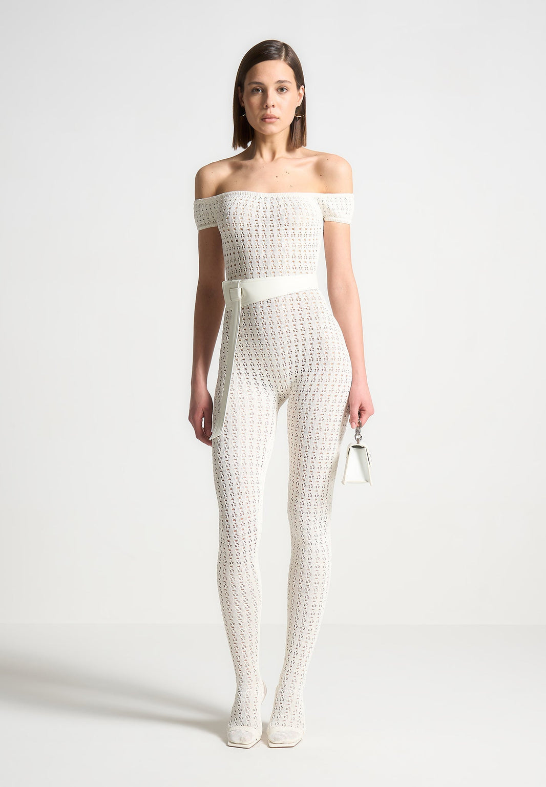 Two-Piece Set with Knit Off-Shoulder Top and Flared Maxi Skirt - Beige