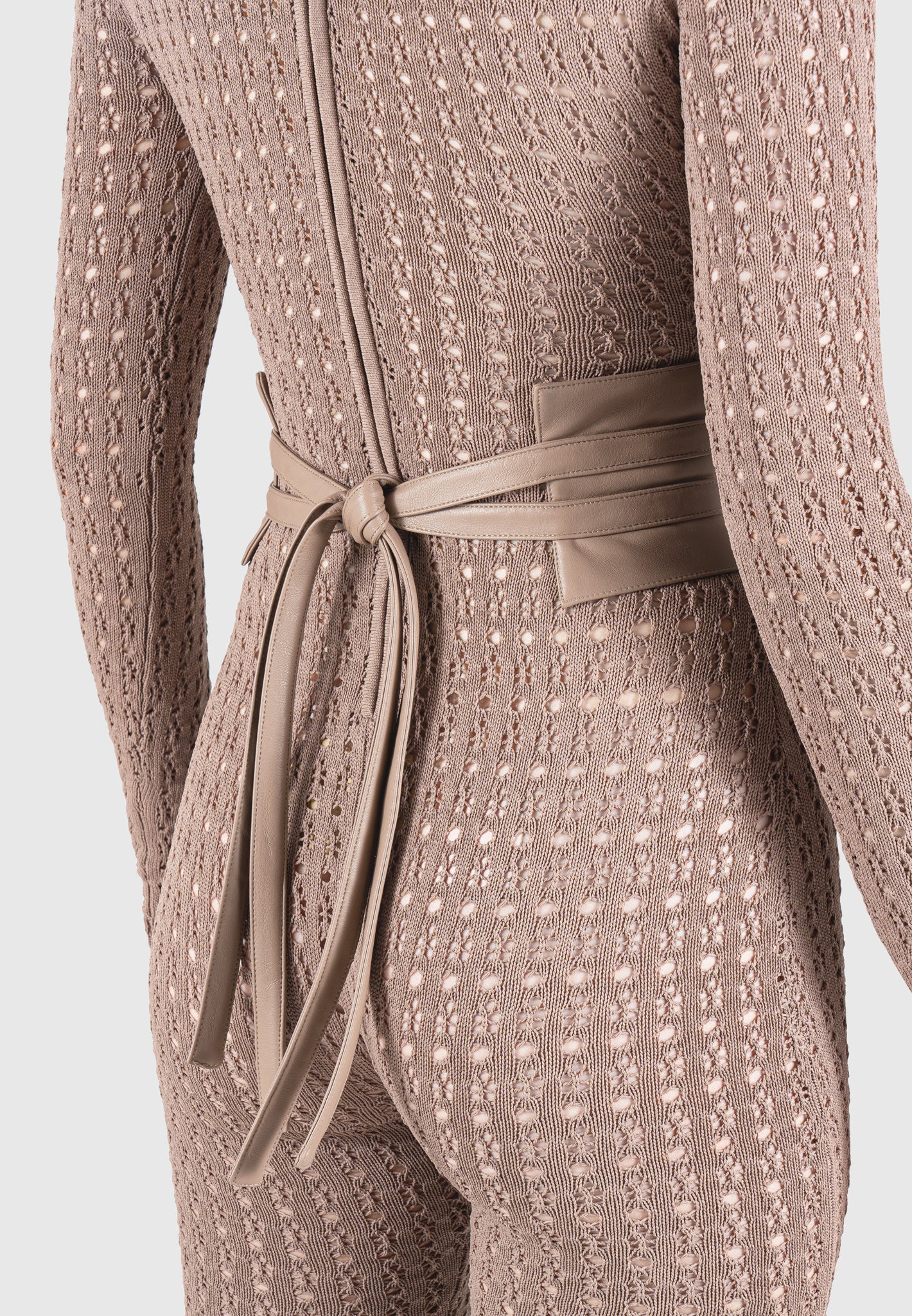 Chantal Pointelle Knit Long Sleeve Jumpsuit with Belt Taupe