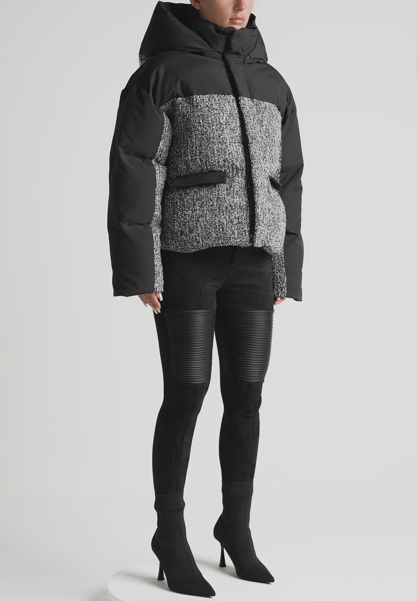Oversized Tweed Puffer Jacket - Black