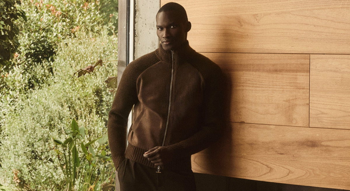 Rami brown suede and knit jacket campaign.
