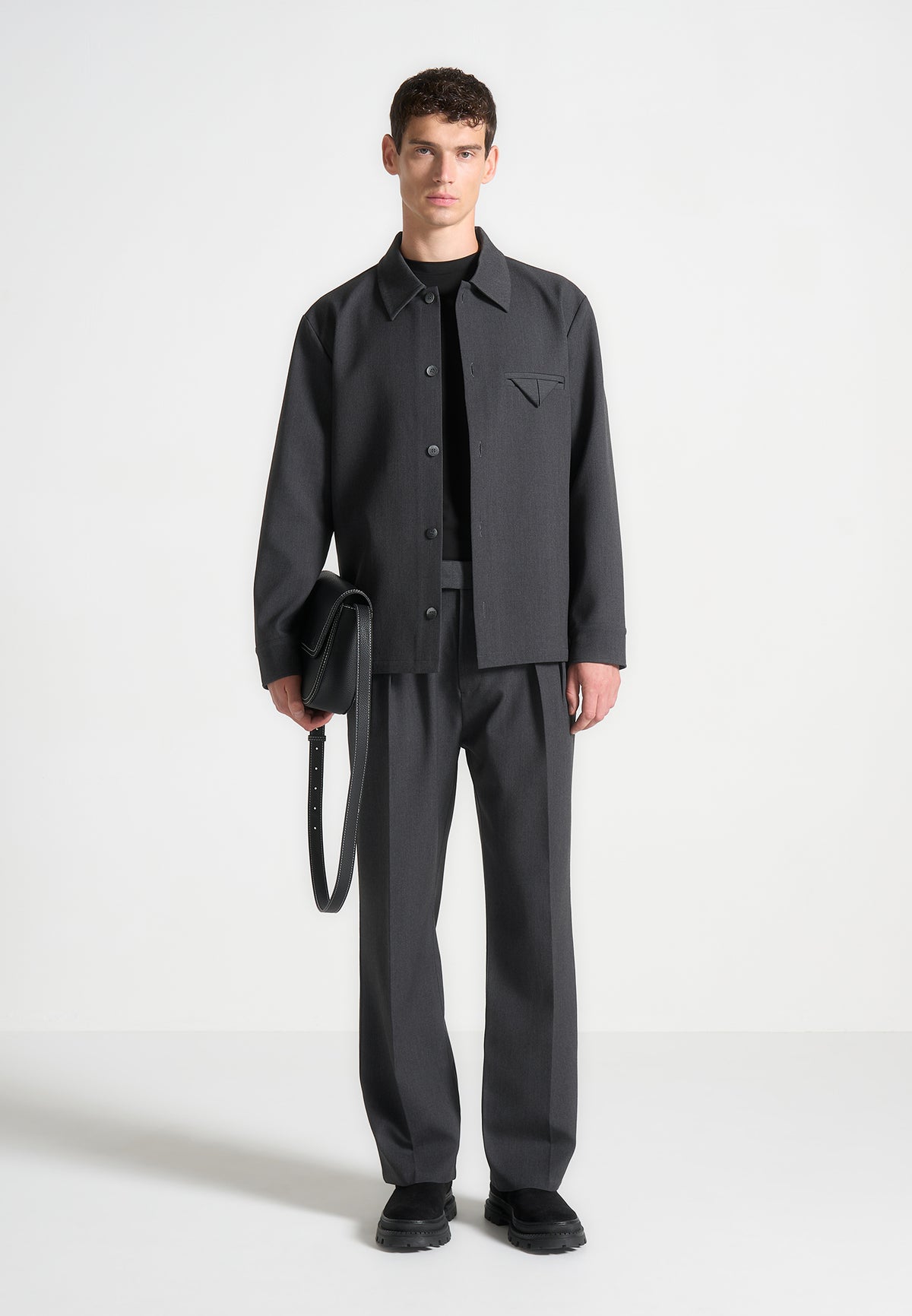 Pierre - Relaxed Fit Hatched Pleated Tailored Trousers - Dark Grey
