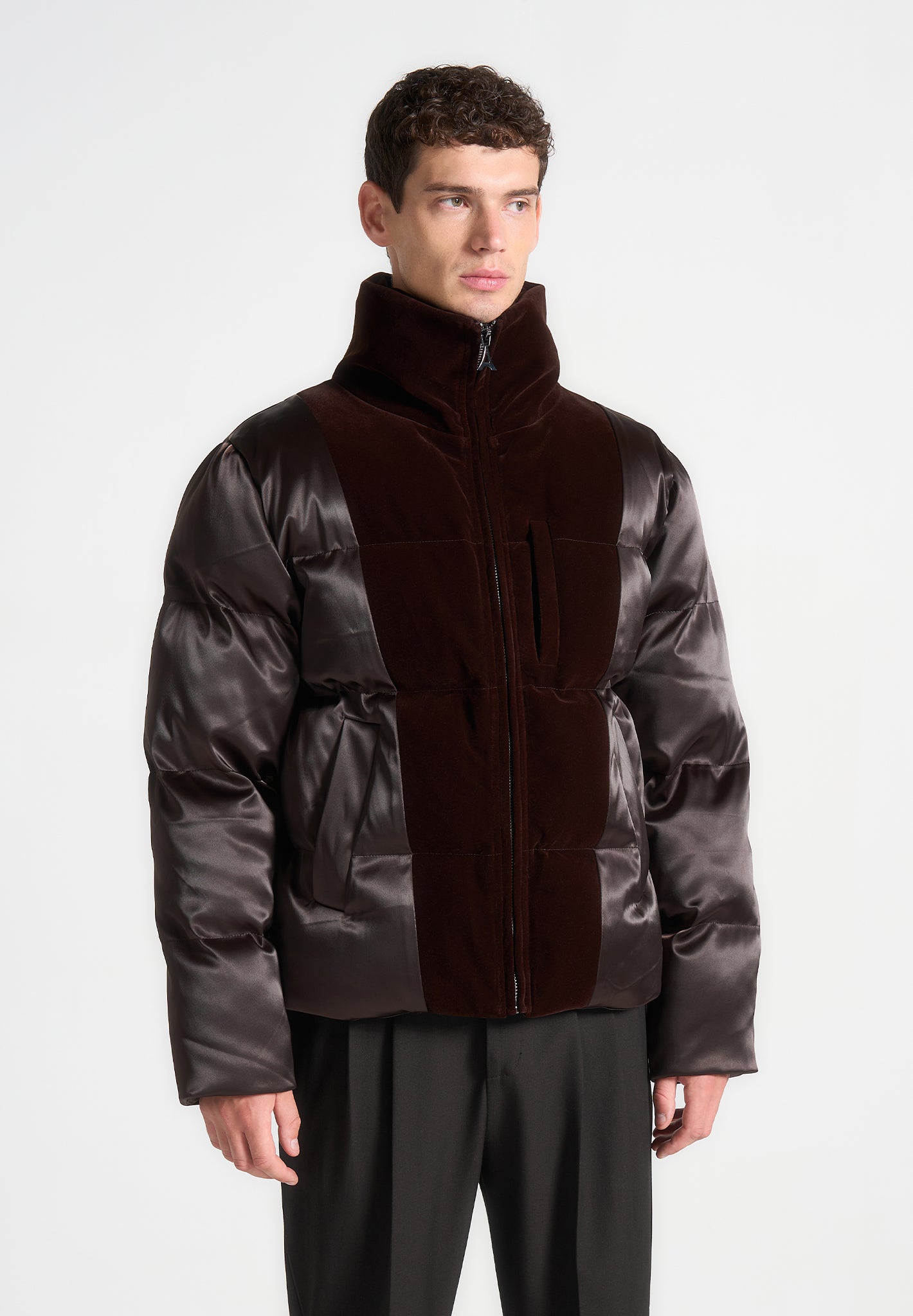 satin-and-velvet-panelled-puffer-jacket-brown 