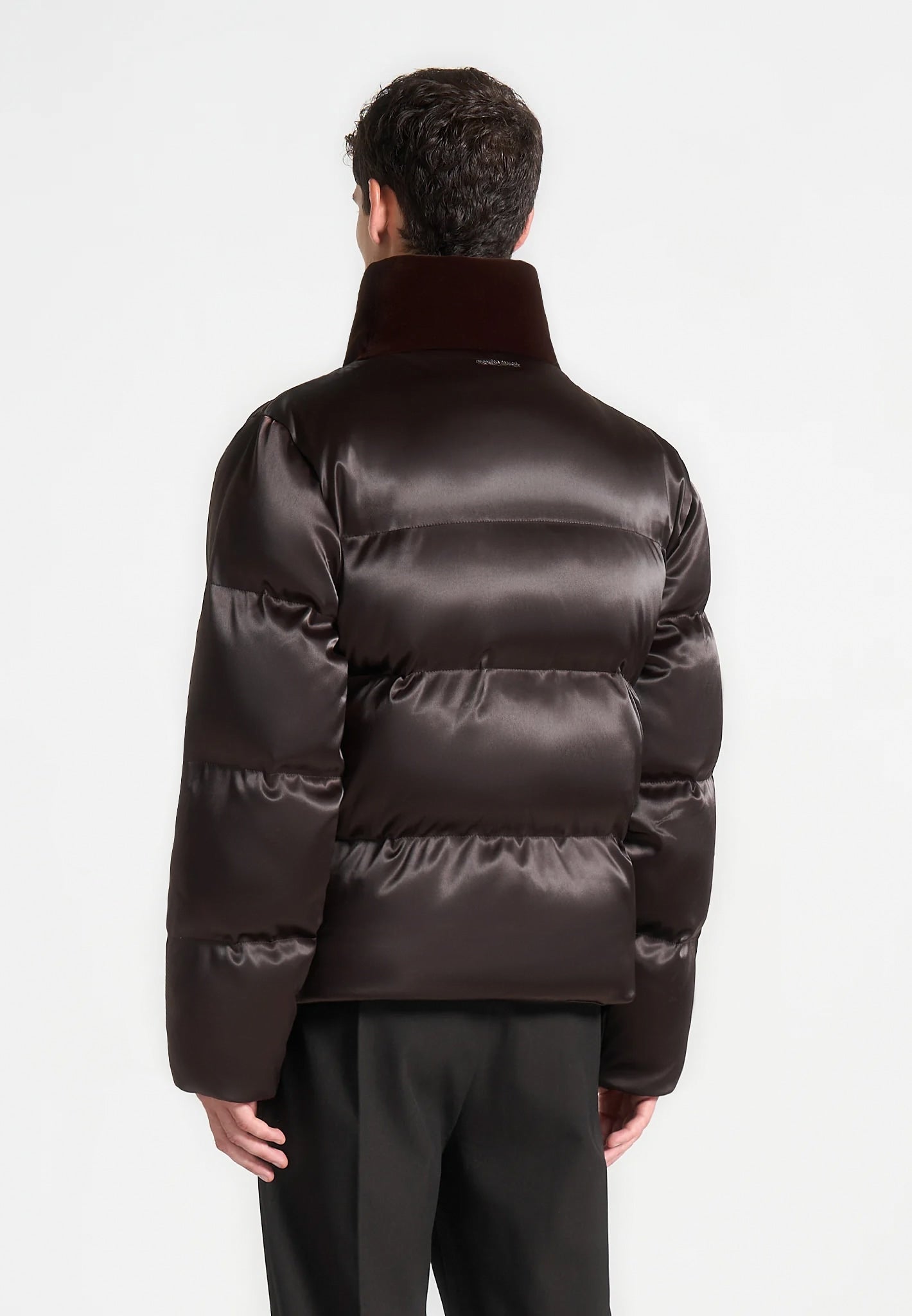 Satin and Velvet Panelled Puffer Jacket - Brown