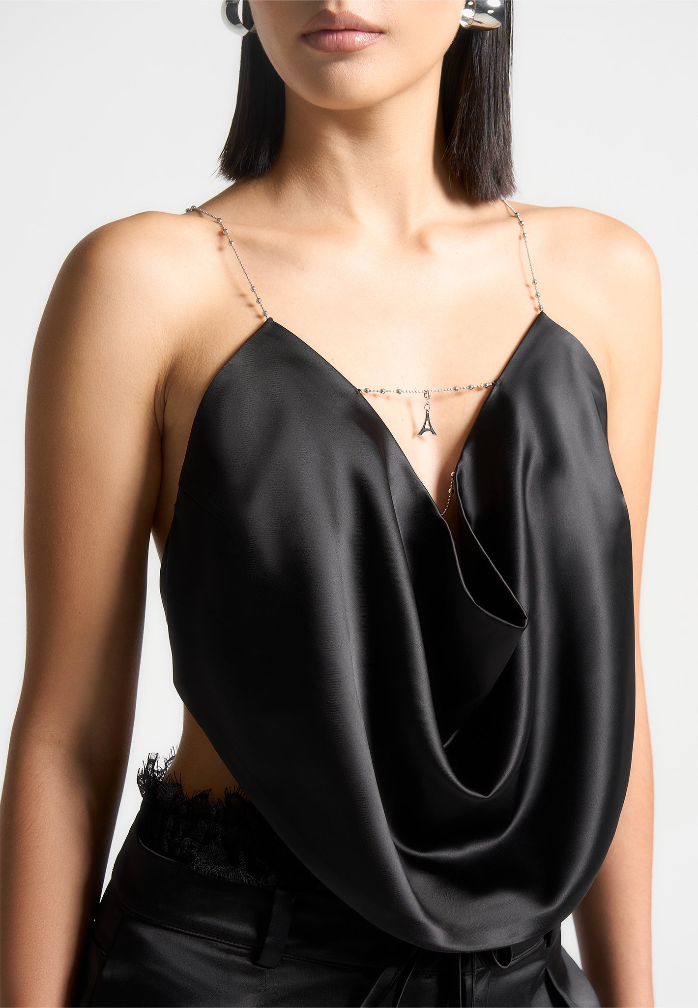 Black satin cowl neck top 2025
