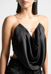 Satin Cowl Neck Top with Chain Detail - Black