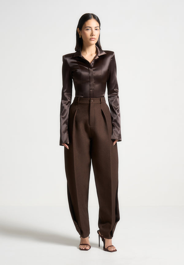 Louise - Wide Shoulder Satin Shirt Bodysuit - Brown