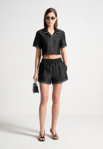 Satin Shorts with Piping - Black