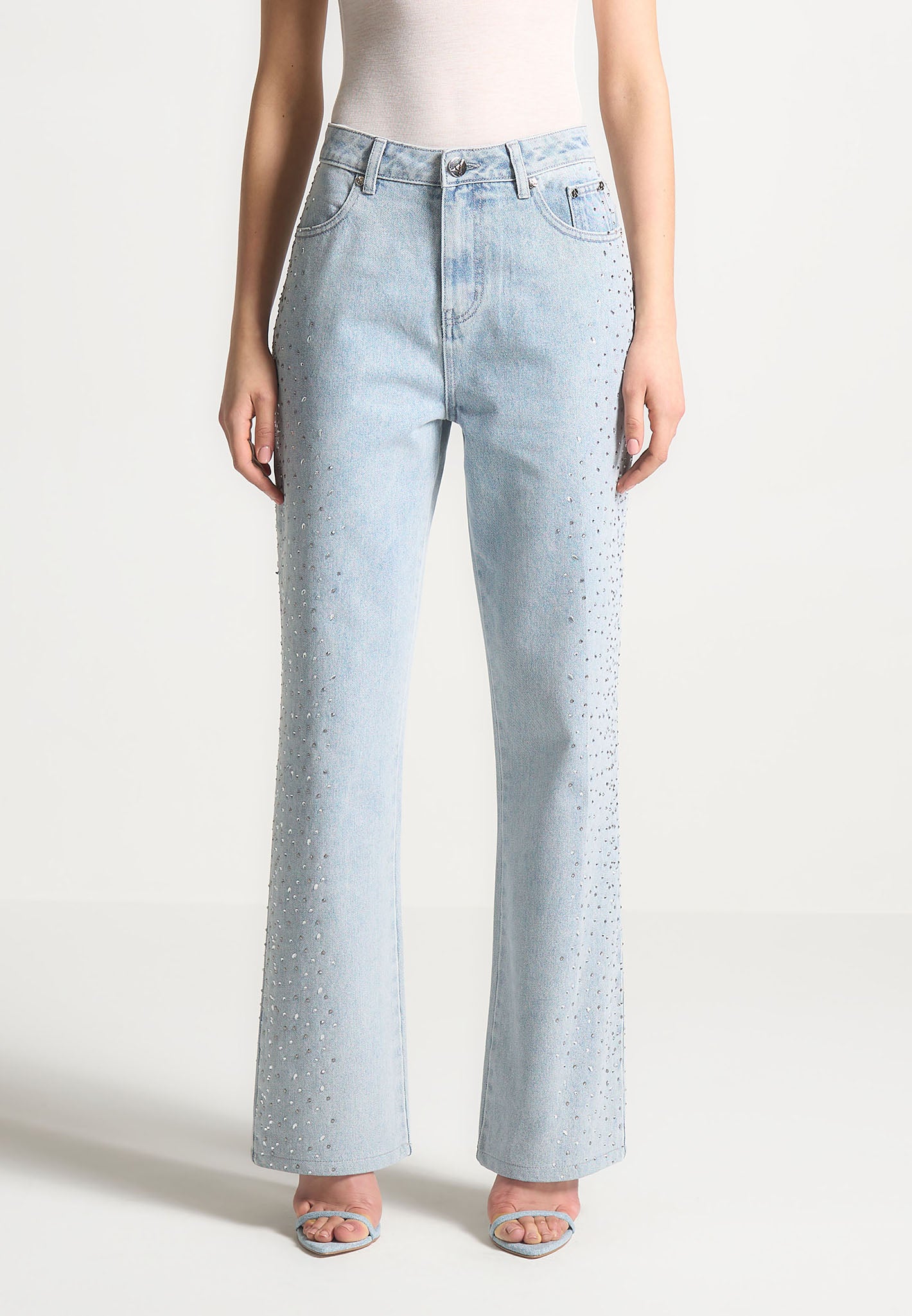 Scattered Rhinestone Straight Leg Jeans - Bleach Wash