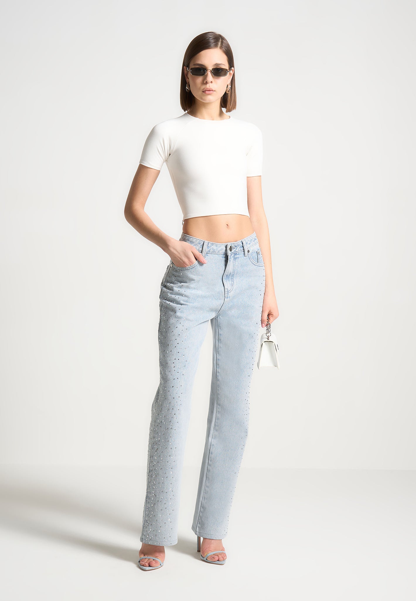 Scattered Rhinestone Straight Leg Jeans - Bleach Wash