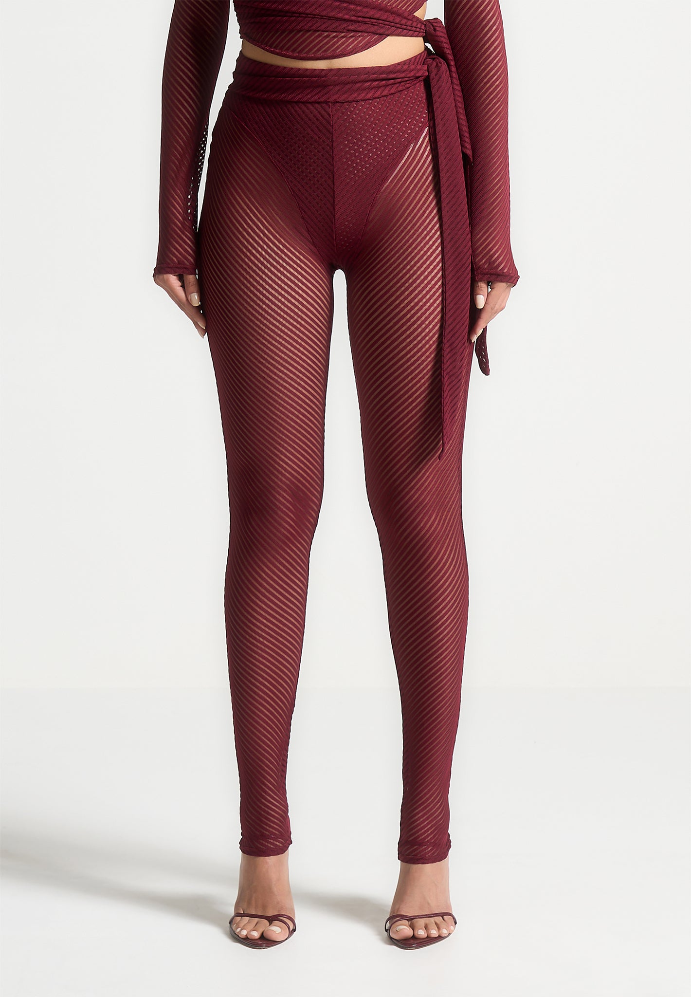 Ribbed Sheer Leggings with Tie Wine Red Maniere De Voir