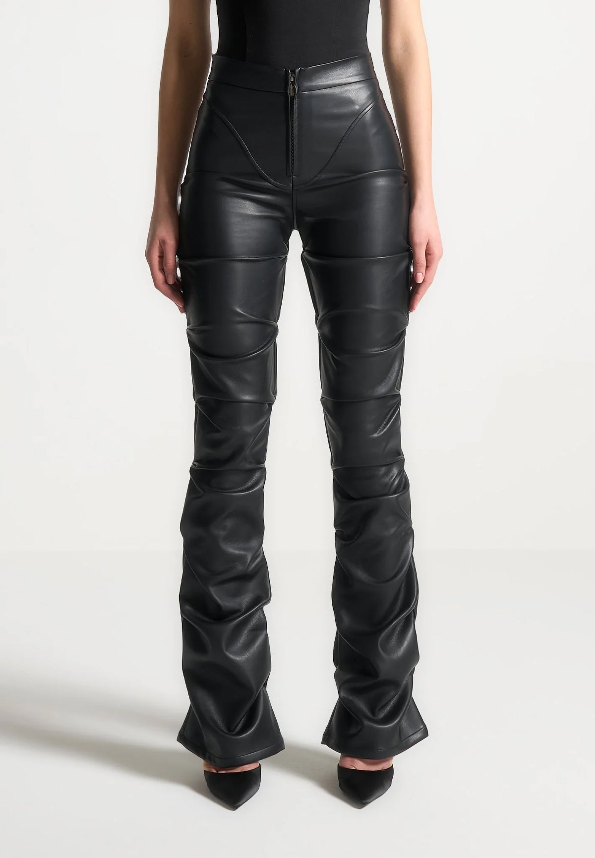 Caroline - Tacked Leather Fit & Flare Trousers - Black