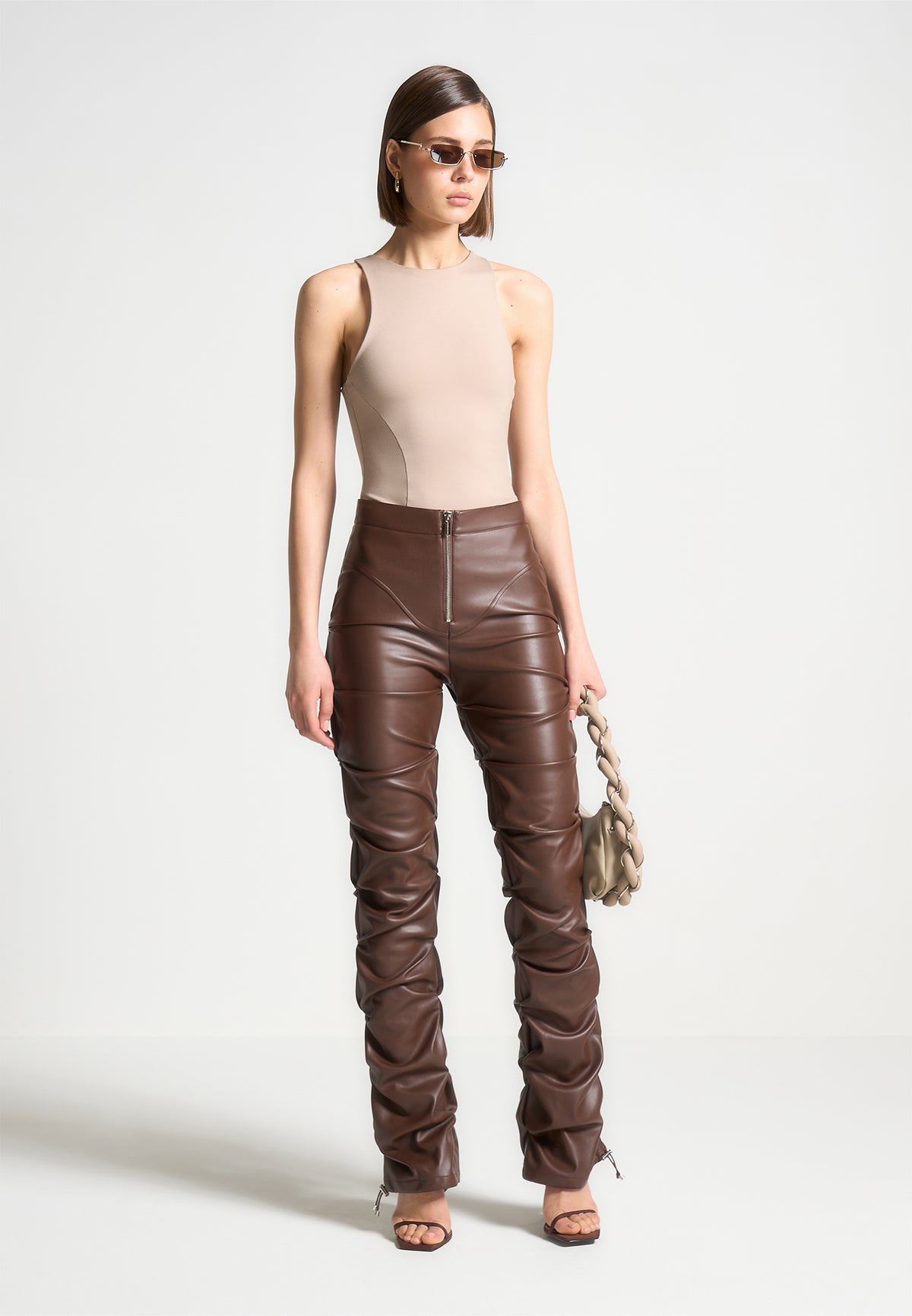 Tacked Leather Flared Trousers - Chocolate Brown