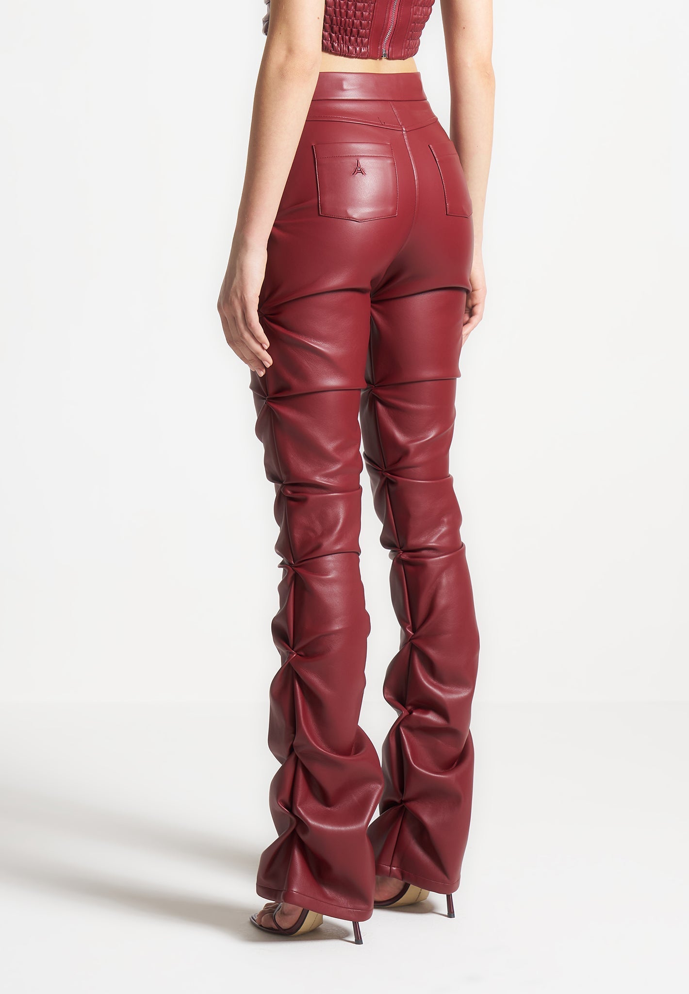 Women's Red Leather Flared Trousers Caroline Tacked Leather