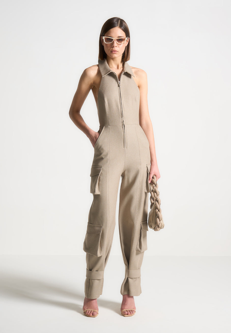 Knitted Two Tone Jumpsuit with Belt - Beige/Taupe | Manire De Voir