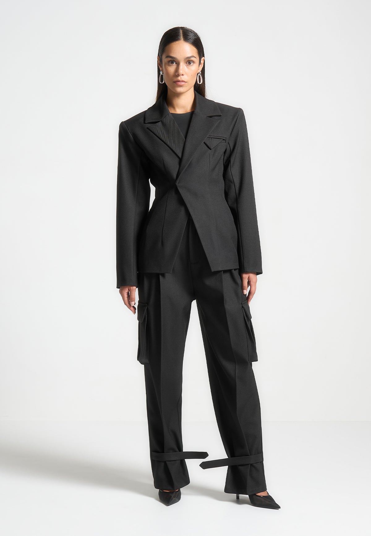 Tailored Pleated Cargo Trousers - Black