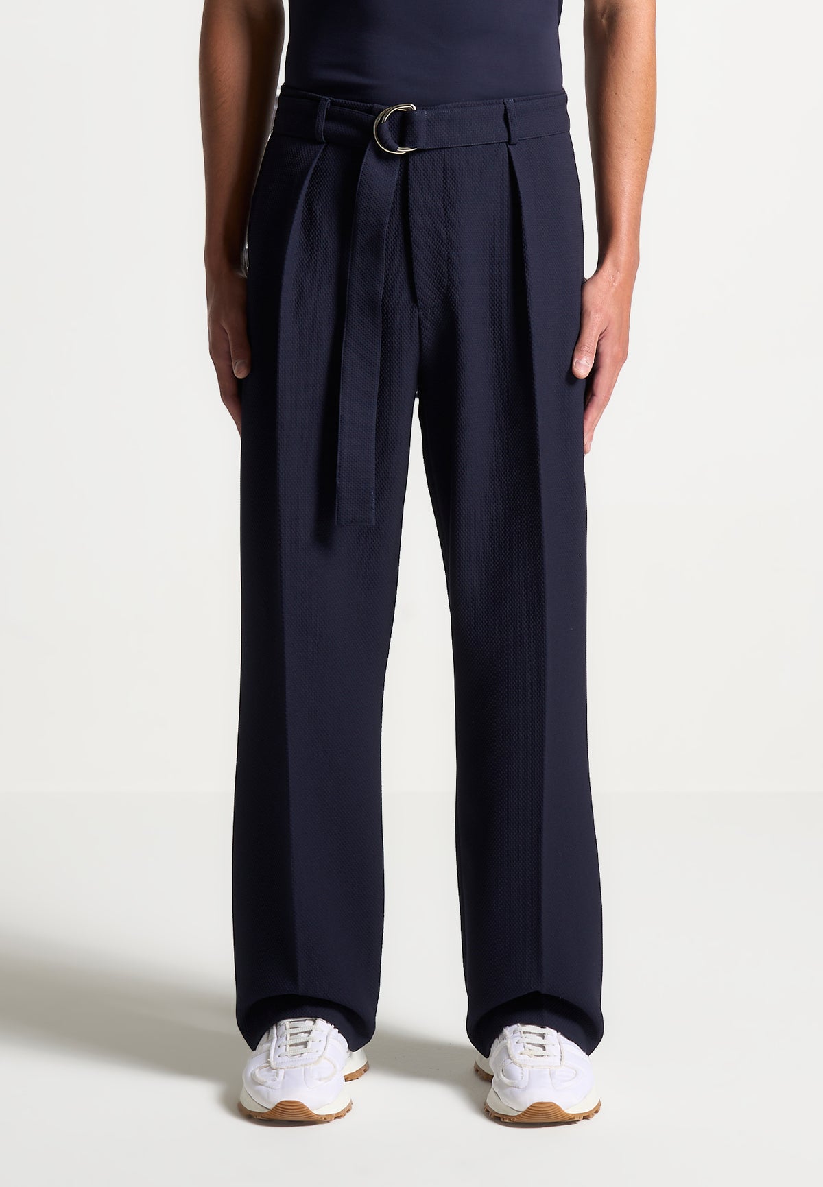 Louis - Relaxed Fit Textured Belted Tailored Trousers - Navy