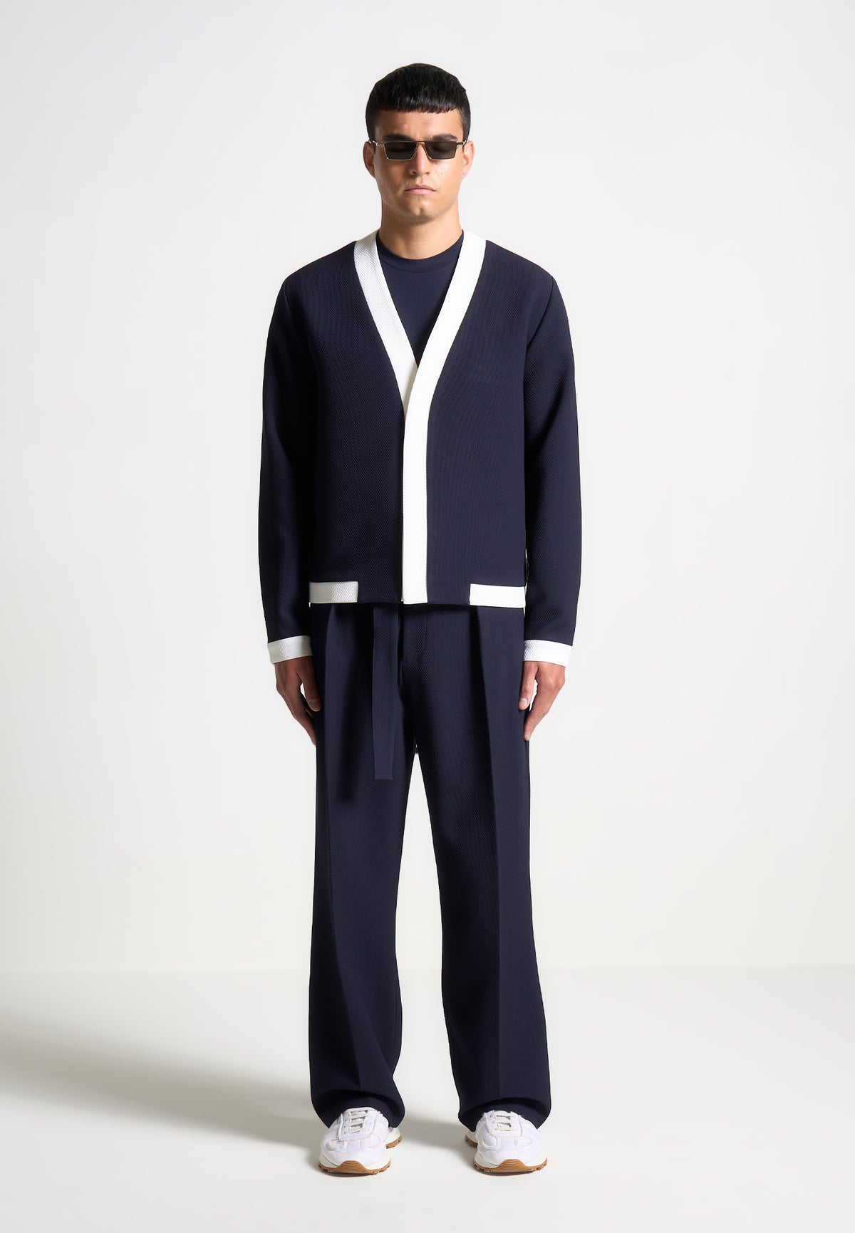 Louis - Relaxed Fit Textured Belted Tailored Trousers - Navy