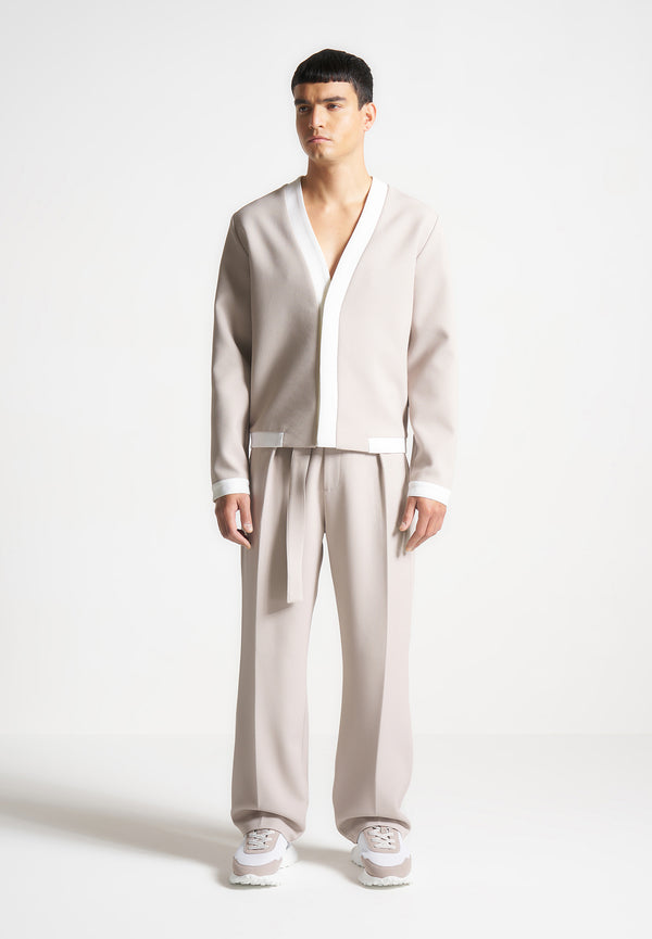 Clovis - Textured Contrast Cardigan - Stone/White