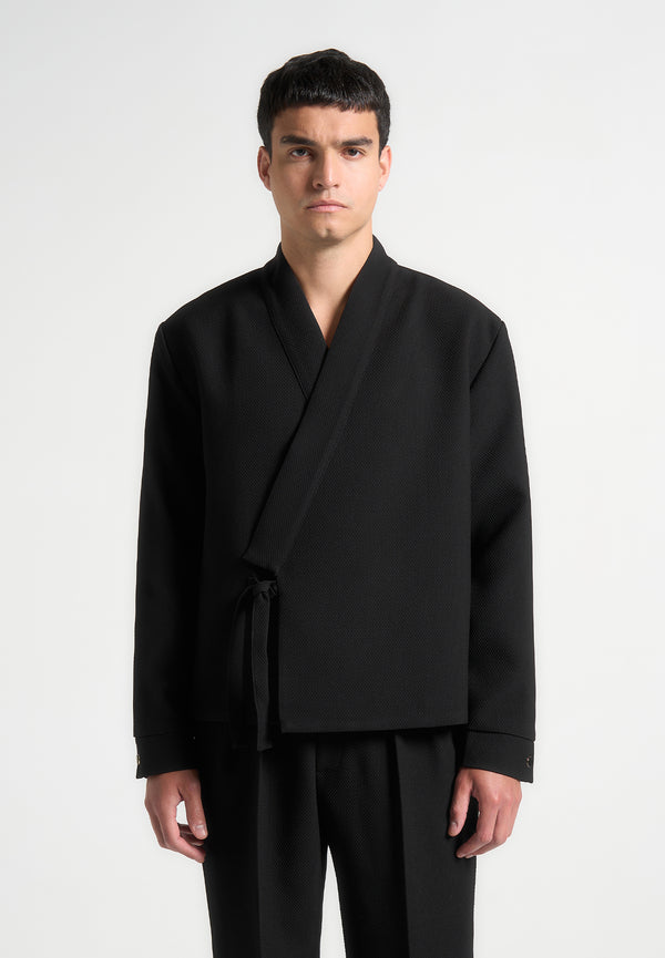 Robin - Textured Kimono Wrap Jacket - Black