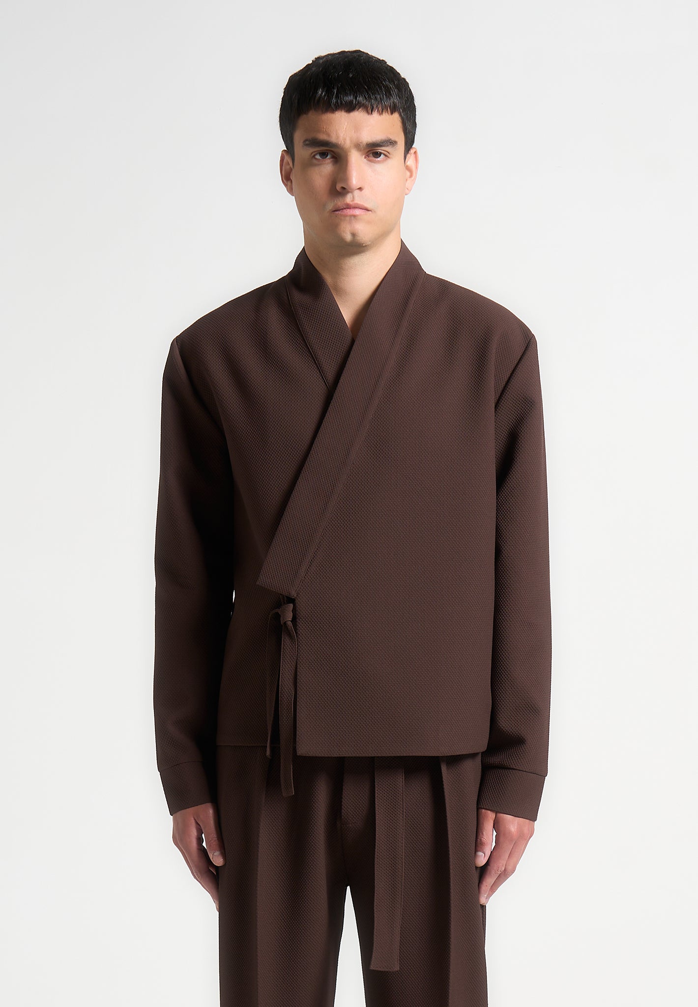 Textured Kimono Wrap Jacket Brown