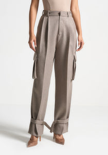 D⁠anielle - Textured Tailored Pleated Cargo Trousers - Taupe