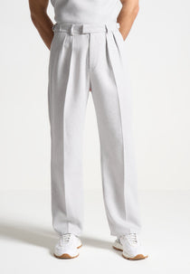 Pierre - Relaxed Fit Textured Pleated Tailored Trousers - Light Grey