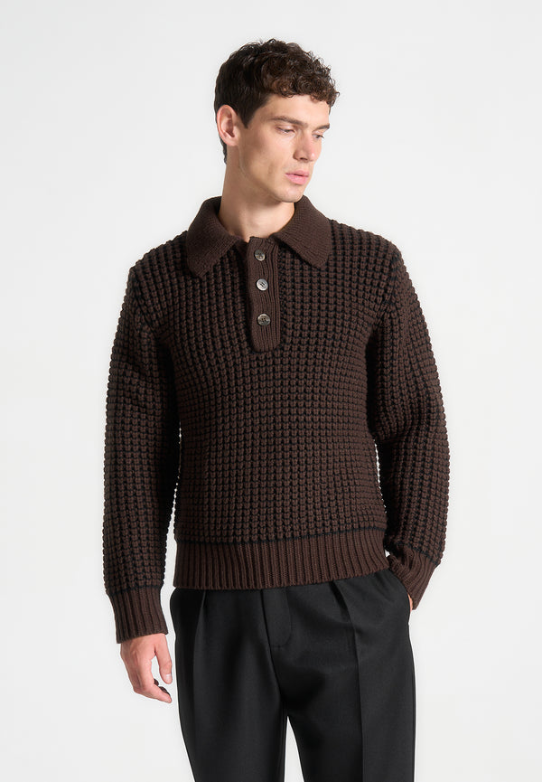 Textured Wool Knit Polo Jumper - Brown