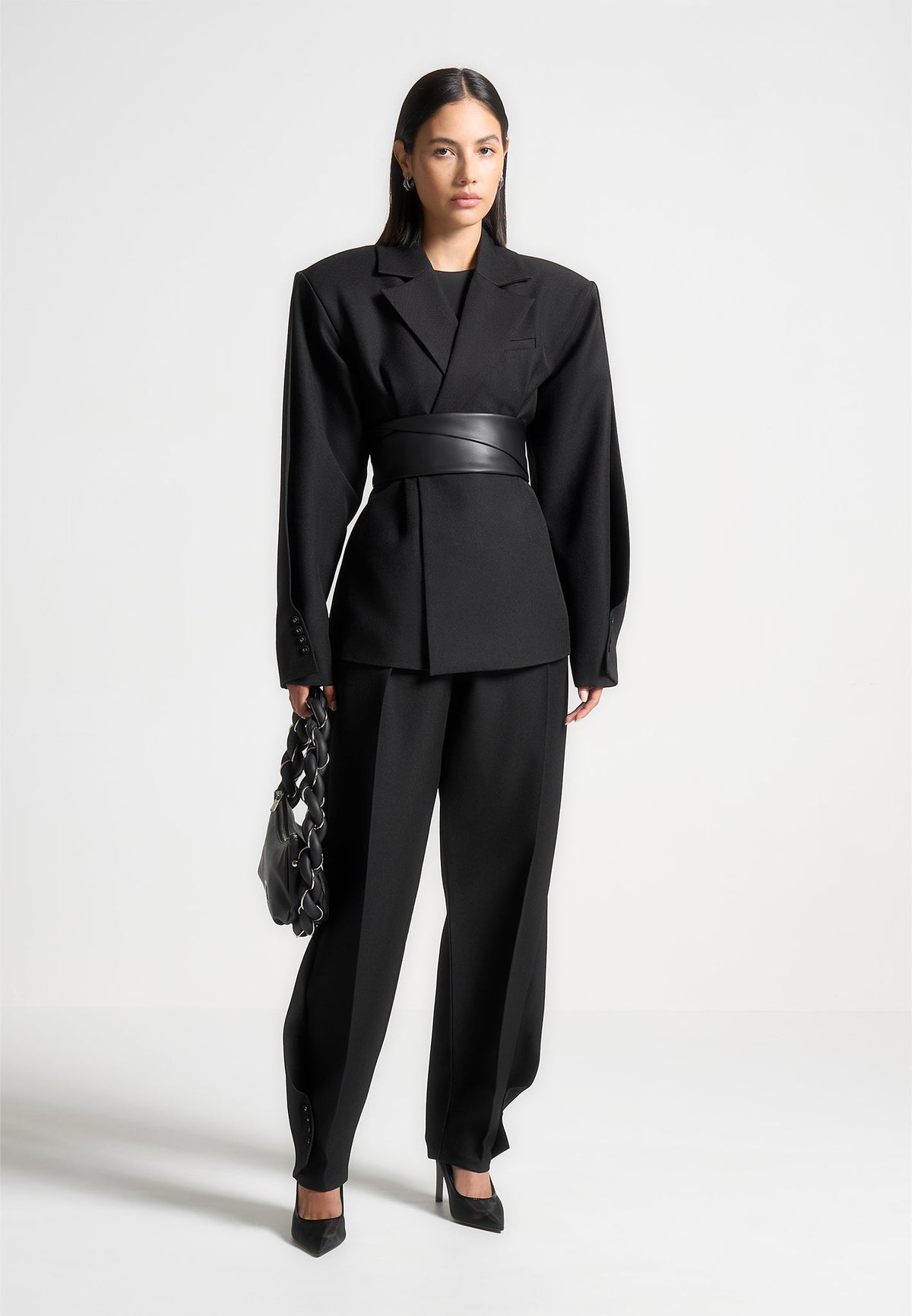 Marie - Twist Sleeve Tailored Blazer with Belt - Black