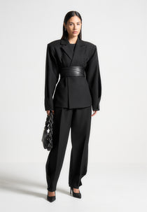 Marie - Twist Sleeve Tailored Blazer with Belt - Black