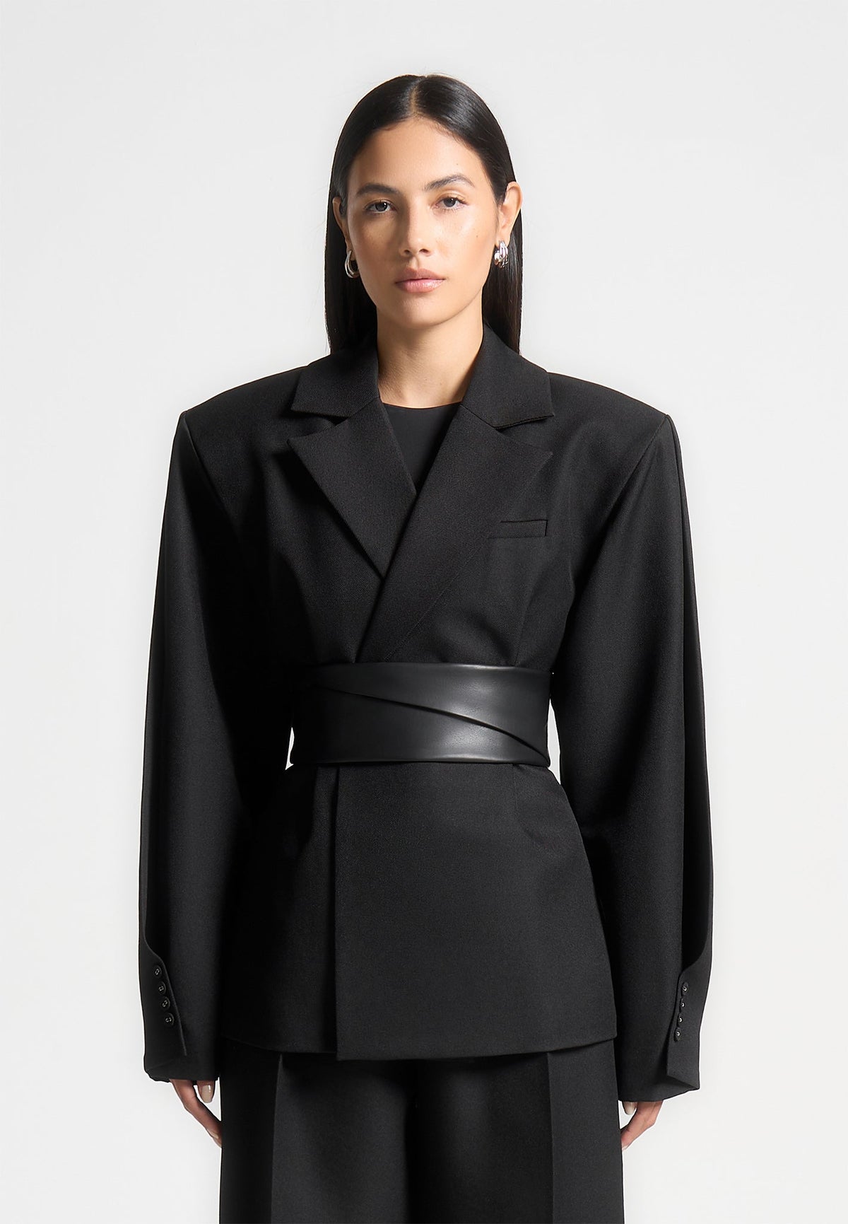 Marie - Twist Sleeve Tailored Blazer with Belt - Black