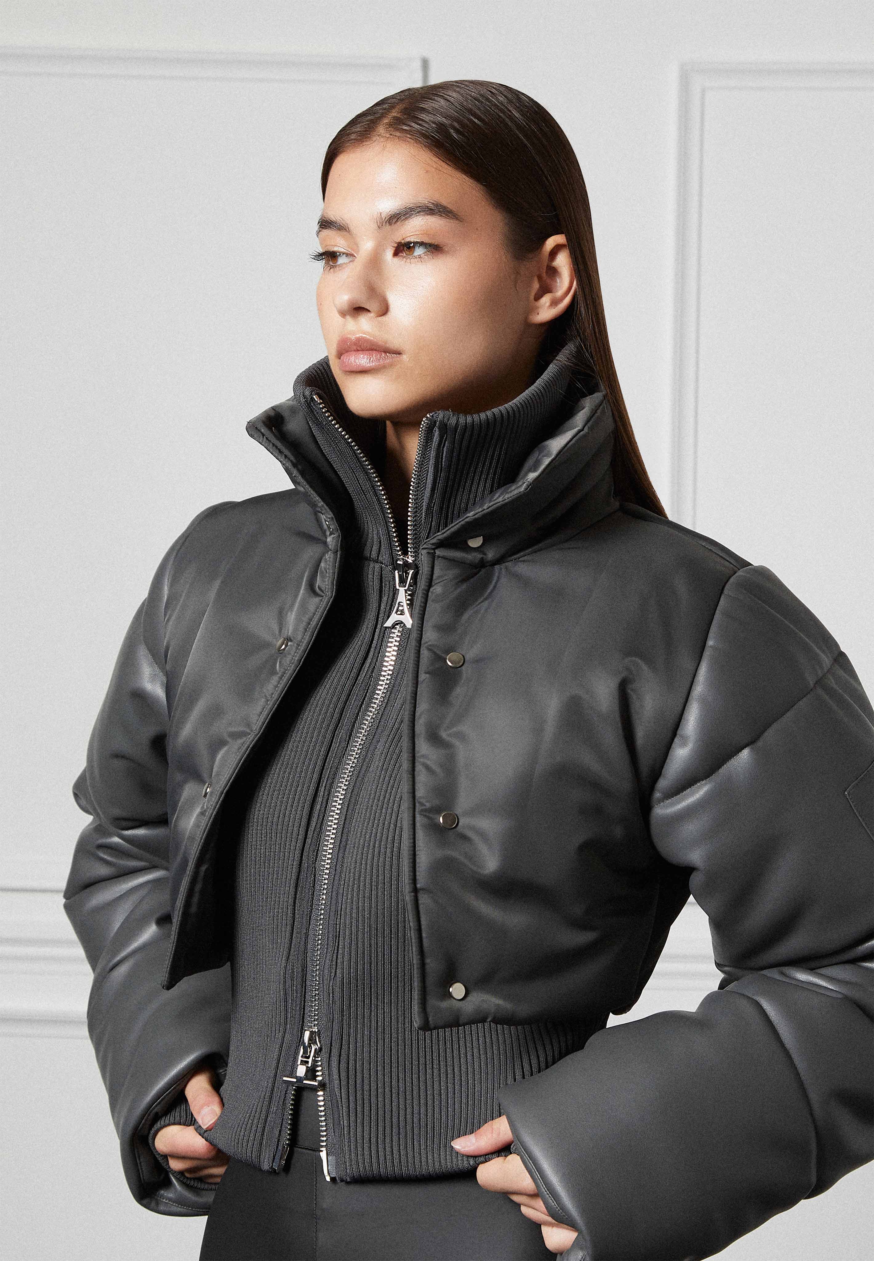 Vegan Leather and Nylon Layered Puffer Jacket - Grey | Manière De Voir