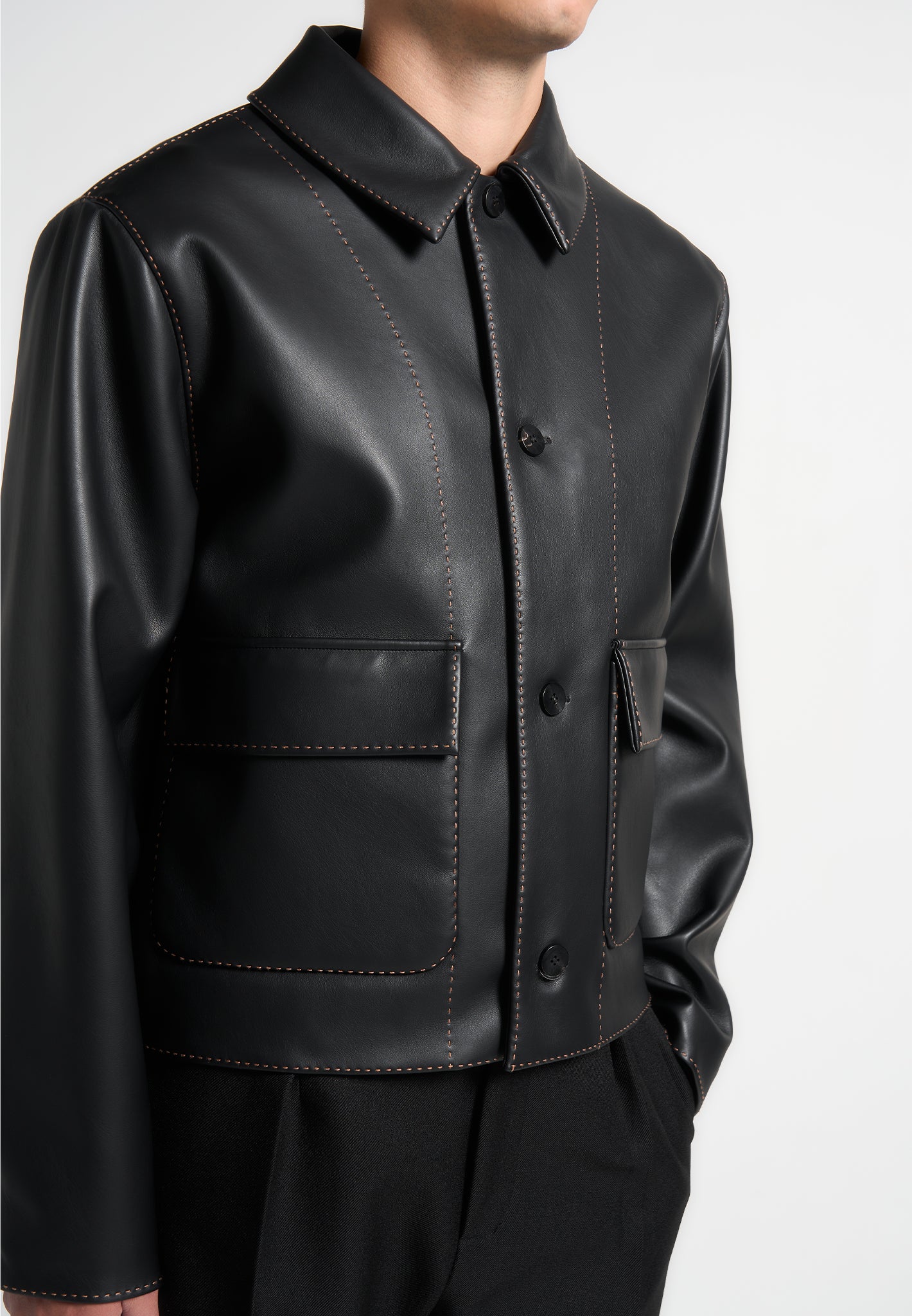 Leather Contrast Stitch Jacket Black Manière De Voir