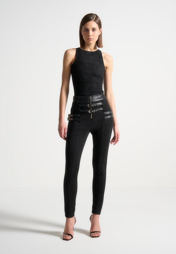 Suede Buckle Detail Leggings - Black