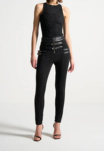 Suede Buckle Detail Leggings - Black