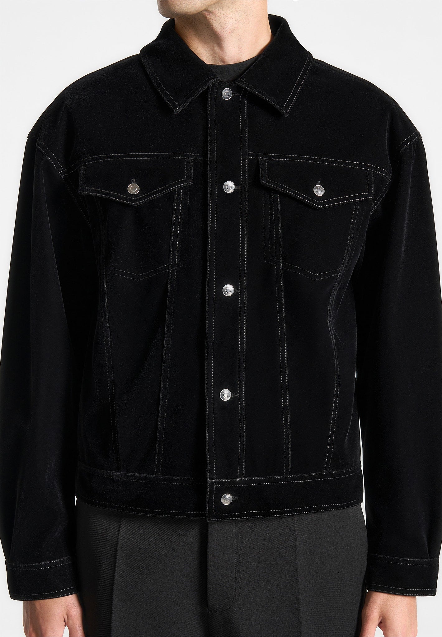 Velvet Contrast Stitch Trucker Jacket Black - Main Image