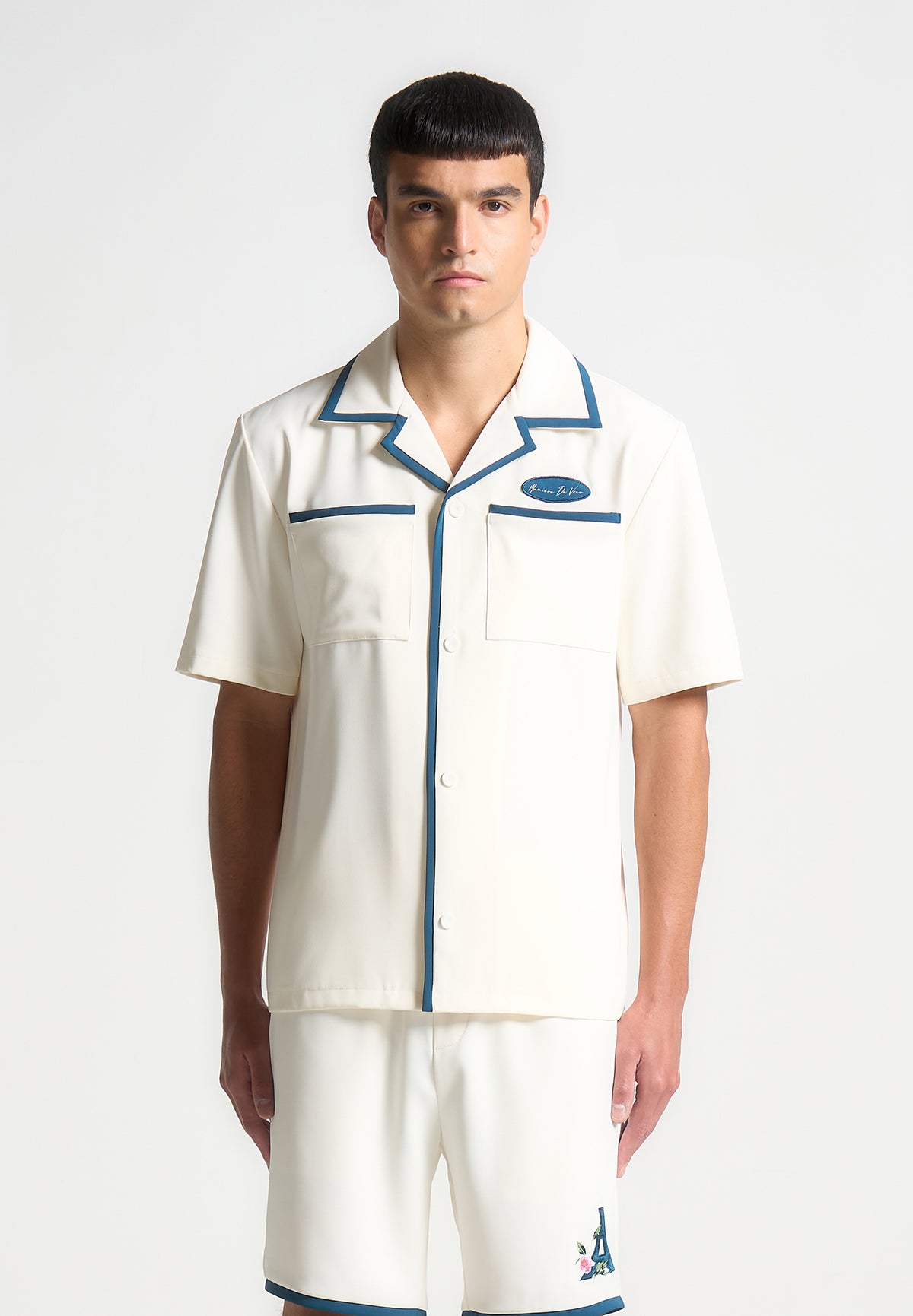 Owen - Velvet Eiffel Bowling Shirt - Cream/Blue