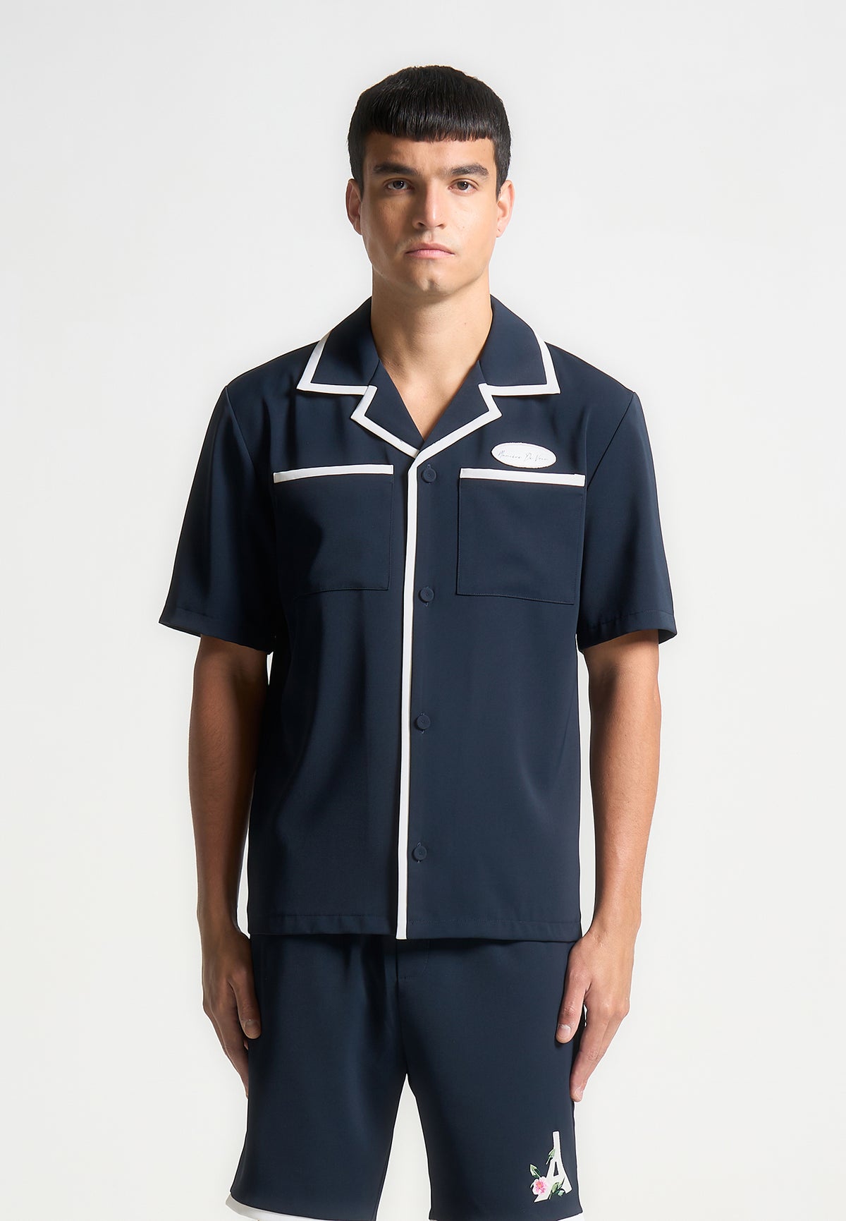 Owen - Velvet Eiffel Bowling Shirt - Navy/White