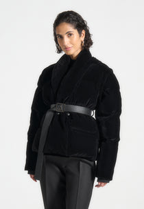Taya - Velvet Wrap Belted Puffer Jacket - Black