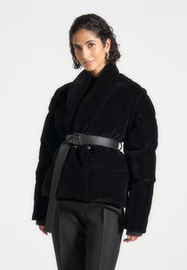 Taya - Velvet Wrap Belted Puffer Jacket - Black